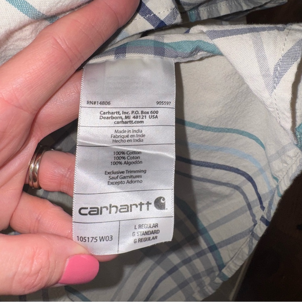 Carhartt Cream and Blue Casual Short Sleeve- Button Down-‎ Loose Fit- Size Large - Picture 7 of 10